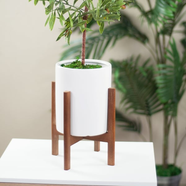 Ceramic Cylinder Planter and Stand - Plant Stand With Planter 6'' White - Plant Stand Square Walnut - Mid Century Modern Plant Stand