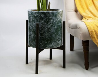 Large Plant Stand with Pot - Mid century modern planter - Wood Plant Stand - 13" Plant Pot Green Marble- Mid Century Modern Indoor Plant Pot