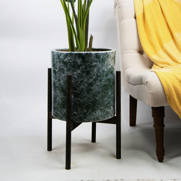 Large Plant Stand with Pot - Mid century modern planter - Wood Plant Stand - 13" Plant Pot Green Marble- Mid Century Modern Indoor Plant Pot