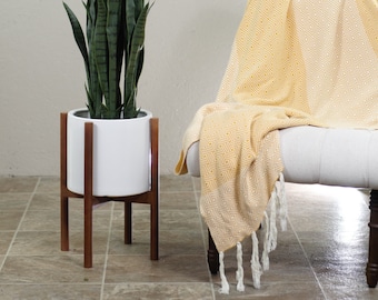 Large Ceramic Planter with Stand-Plant Stand With Planter-Plant Stand-10'' Pot- Mid Century Modern-Cylinder Pot-Walnut