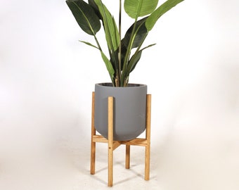 Outdoor Winter Proof Planter Pot with wood stand - 10'' Lightweight Concrete Clay Planter - Mid Century Modern - Special Walnut