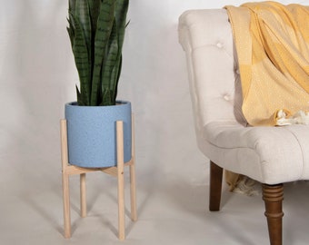 Wood Plant Stand - Mid Century Modern - Planter with stand - Plant Stand with Pot Sky Blue- 10" ceramic planter
