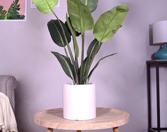 May include: A white ceramic planter with a green artificial bird of paradise plant. The plant is sitting on a light brown wooden table with three legs.