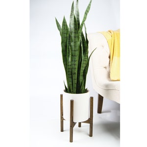 Mid Century Planter with Stand 8" White Ceramic Pot Wood Stand