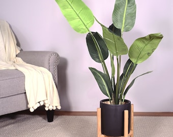 Office Plant Decor - Mid Century Ceramic Planter with Stand - 8" Black Pot Wood Stand