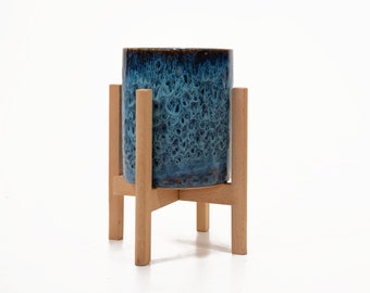 Ceramic Cylinder Planter and Stand - Plant Stand With Planter 6&#39;&#39; Peacock Blue- Plant Stand Square - Mid Century Modern Pot with Stands