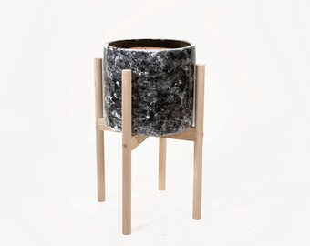 Home Decorative Indoor Black Marble Ceramic with Wood Plant Stand - Mid Century Modern - Planter with stand - 10" planter Black Marble Pot