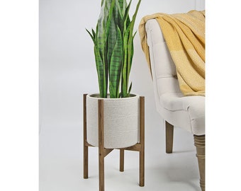 Mid Century Modern Ceramic Pot with Wood Plant Stand - 10 inches Ivory Ceramic Planter- Plant Stand with Pot