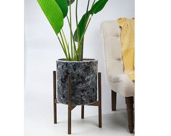 Large Plant Stand with Pot - Mid century modern planter - Wood Plant Stand - 13" Plant Pot Black Marble- Mid Century Modern Indoor Plant Pot