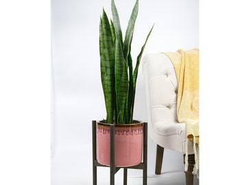 Large Planter and Plant Stand-Plant Stand with Pink pot- Mid Century Modern Plant Stand-flower pot-10"-Cylinder Pots