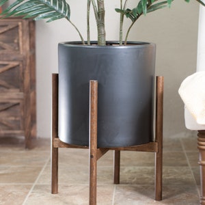 Large Modern planter with Stand Ceramic Cylinder Pot 13'' Black Plant Stand Mid-century Plant Stand With Pot/Planter image 2