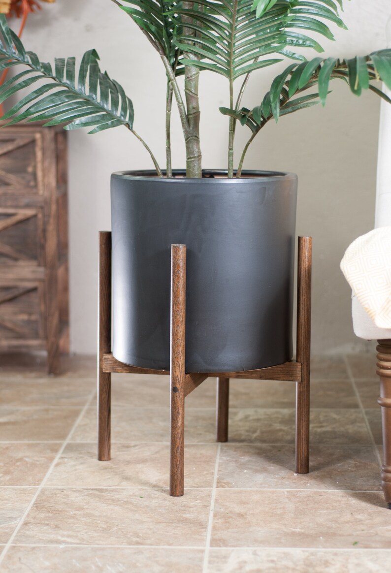 Large Modern planter with Stand Ceramic Cylinder Pot 13'' Black Plant Stand Mid-century Plant Stand With Pot/Planter image 2