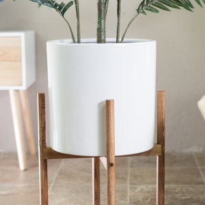 Planter with Stand Mid-century modern stand with pot-Ceramic planter Cylinder Pot-13'' White-Wood Plant Stand-Chestnut image 5