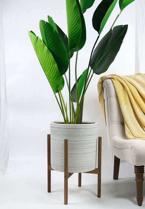 Large Plant Stand With Pot Mid Century Modern Planter Wood Plant Stand Gray Pot Mid Century Modern Indoor Plant Pot Etsy UK