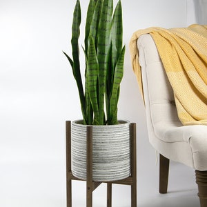 10" Ceramic Planter with Stand - Wood Planter Stand - Grey Ceramic - Indoor Modern Mid Century - Home Décor- Houseplant Stand