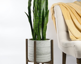 10&quot; Ceramic Planter with Stand - Wood Planter Stand - Grey Ceramic - Indoor Modern Mid Century - Home Décor- Houseplant Stand