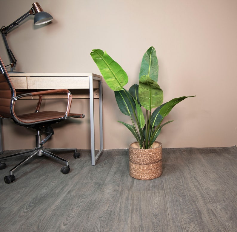 May include: A brown leather office chair with a metal base and wheels sits next to a wooden desk with a silver metal frame. A potted green plant with large leaves sits on the floor next to the desk.