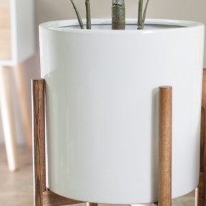 Planter with Stand Mid-century modern stand with pot-Ceramic planter Cylinder Pot-13'' White-Wood Plant Stand-Chestnut image 6