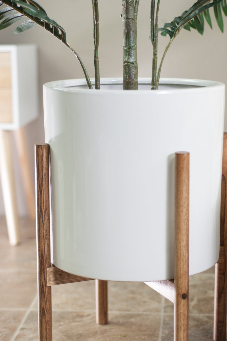 Planter with Stand Mid-century modern stand with pot-Ceramic planter Cylinder Pot-13'' White-Wood Plant Stand-Chestnut image 6