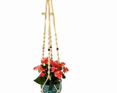 Large Long Macrame Plant Hanger-46 inch long-hanging planter flower basket holders-001SA02-White Cotton with Wood Beads Saratoga Style