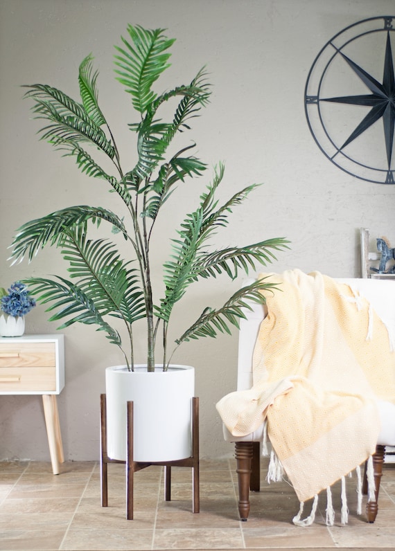 Mid Century Modern Planter - Wood Plant Stand - Large Ceramic