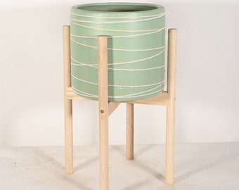 Ceramic Pot with Wood Plant Stand - 10 inch Indoor Pot - Large Ceramic Planter - Plant Lover Gift - Plant Décor - Luxury | Modern