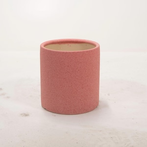 May include: A pink ceramic planter with a textured surface. The planter is cylindrical in shape and has a smooth, light-colored interior.