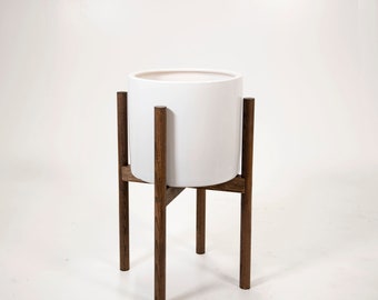 Mid Century Modern - Cylinder Ceramic Pot with Wood Stand - Plant Stand -10'' Ceramic Pot - Dark Walnut - White, Black, Grey, Peacock Blue