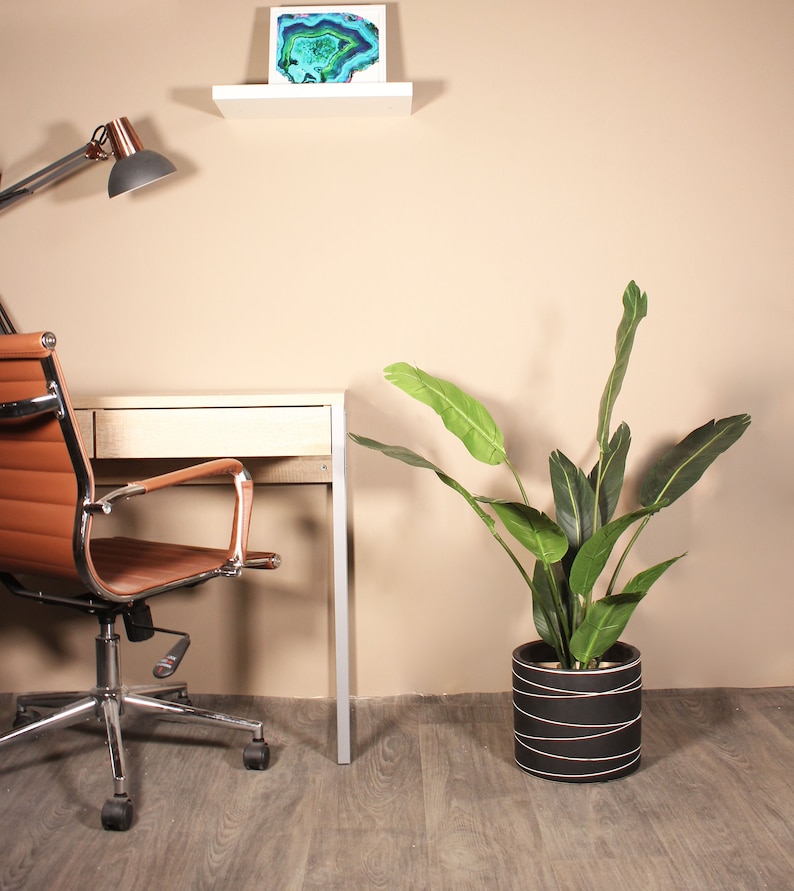 May include: A brown leather office chair with a chrome base sits next to a light wood desk with a white shelf above it. A green plant in a black and white striped pot is on the right side of the image.