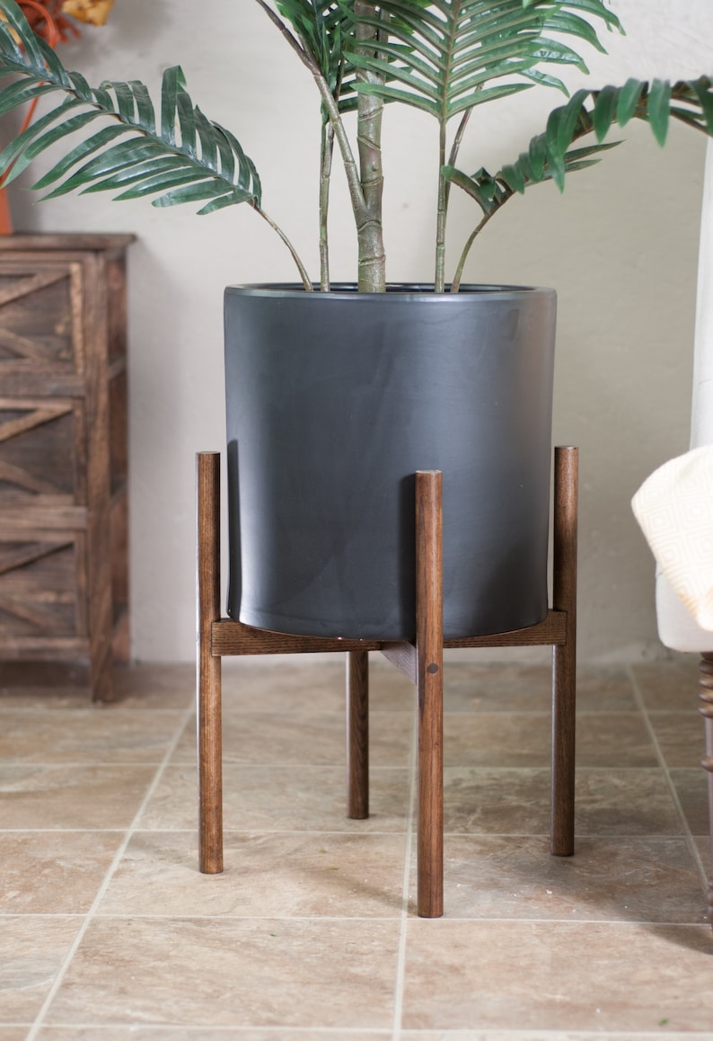 Large Modern planter with Stand Ceramic Cylinder Pot 13'' Black Plant Stand Mid-century Plant Stand With Pot/Planter image 5