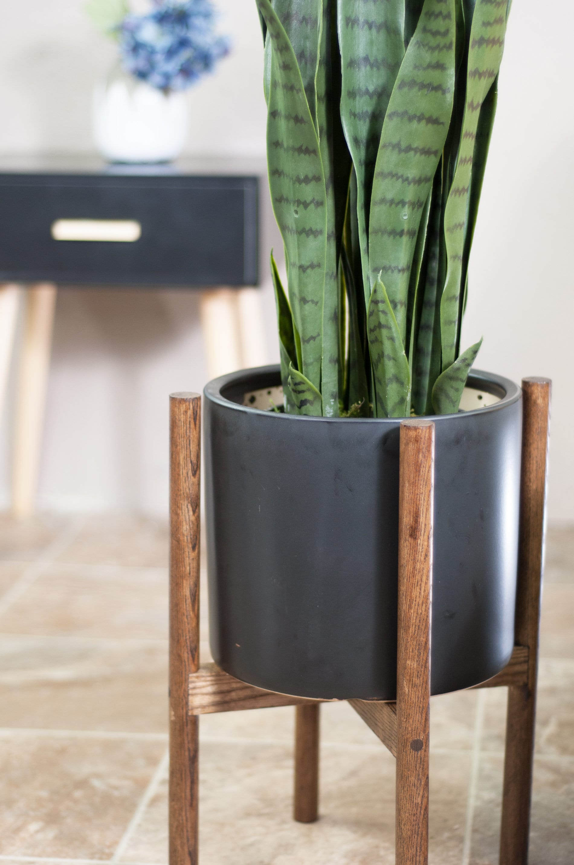 Large Ceramic Pot With Wood Stand-plant Stand With Pot- Black