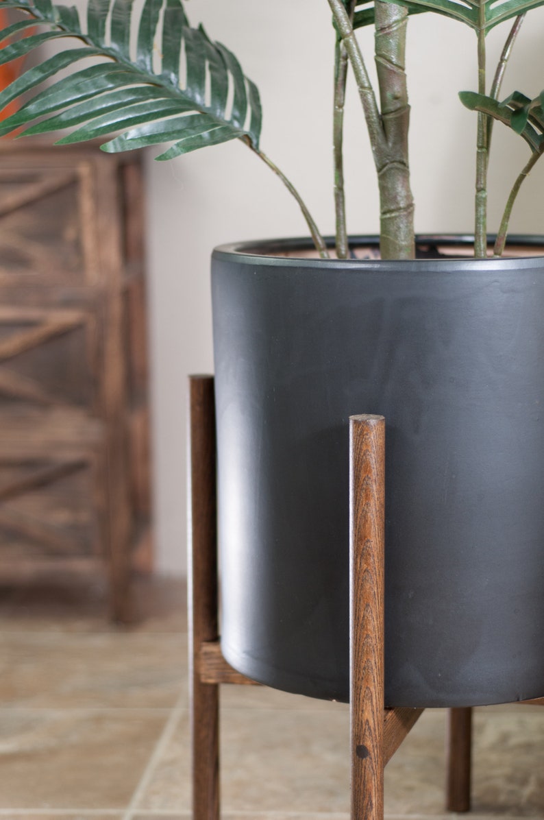 Large Modern planter with Stand Ceramic Cylinder Pot 13'' Black Plant Stand Mid-century Plant Stand With Pot/Planter image 4