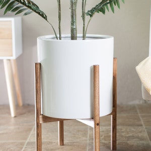 Planter with Stand Mid-century modern stand with pot-Ceramic planter Cylinder Pot-13'' White-Wood Plant Stand-Chestnut image 2