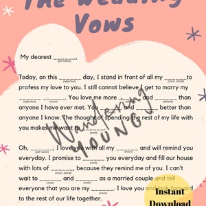 Mad Libs Wedding Vow Bridal Shower Game