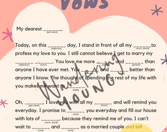 Puede incluir: Una plantilla de votos de boda imprimible con fondo rosa y estrellas blancas. El texto dice "The Wedding Vows" e incluye espacios en blanco para que la pareja personalice sus votos.