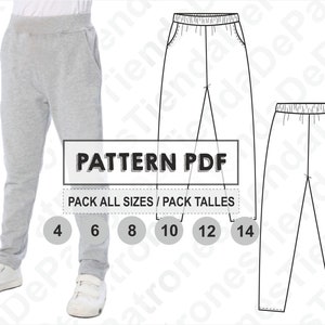 PATRON Pantalon Jogging Chupin Niños, Patrón de costura, Digital Imprimible, Patron PDF, Pack todos los talles 4 al 14. Descarga Inmediata
