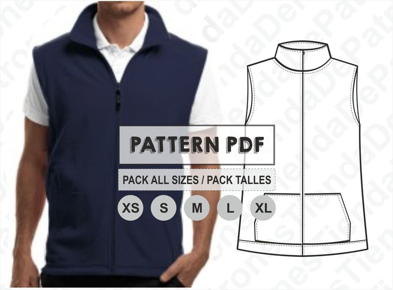 Unisex grundläggande västmönster, sömnadsmönster, digitalt utskrivbart, PDF-mönster, paket med alla storlekar XS till XL. Direkt nedladdning bild 1