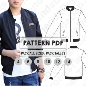 May include: A black bomber jacket sewing pattern for boys in sizes 4 to 14. The pattern is shown on a white background with a black outline. The pattern is available as a PDF download. The text "PATTERN PDF" is written in large letters at the top of the image. The text "PACK ALL SIZES / PACK TALLES" is written below the pattern. The numbers 4, 6, 8, 10, 12, and 14 are written in circles below the text.