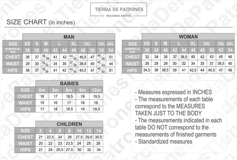 K&ouml;nnte beinhalten: Eine Gr&ouml;&szlig;entabelle in Zoll f&uuml;r Kleidung mit Ma&szlig;en f&uuml;r M&auml;nner, Frauen, Babys und Kinder. Die Tabelle enth&auml;lt die numerische Gr&ouml;&szlig;e, Brust-, Taillen- und H&uuml;ftma&szlig;e.