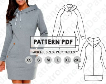 PATTERN Women's Long Hoodie Dress, Sewing Pattern, Digital, Pattern PDF, Pack Size XS - 2XL, Instant Download