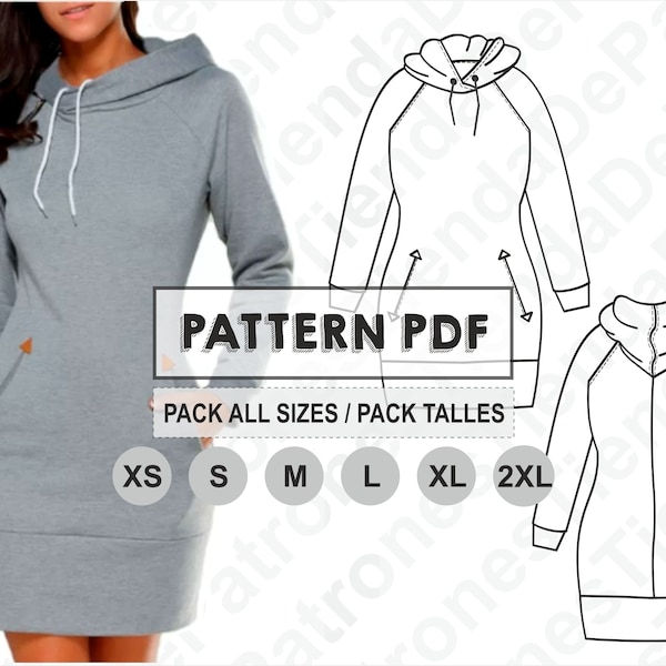 PATTERN Women's Long Hoodie Dress, Sewing Pattern, Digital, Pattern PDF, Pack Size XS - 2XL, Instant Download
