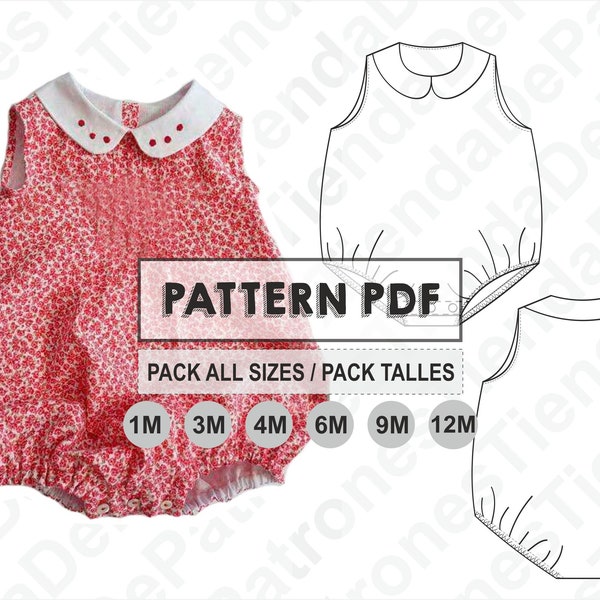 PATTERN Baby Onesie, Romper Suit, Baby One-Piece, Sewing Pattern, Digital, Pattern PDF, Pack All Sizes 1/3/4/6/9/12 months, Instant Download