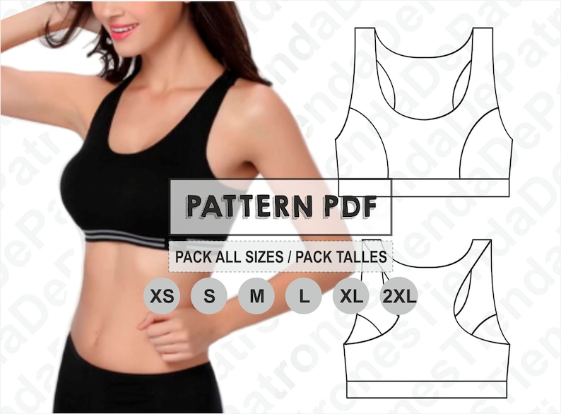 PATTERN Sport Bra Top Women, Women's Sport Bra Top, Sewing Pattern, Digital, Pattern PDF, Pack Size XS 2XL, Instant Download image 1