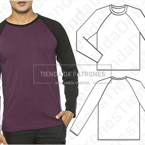 K&ouml;nnte beinhalten: Ein lang&auml;rmliges Shirt in Schwarz und Lila mit Raglan-&Auml;rmeln. Das Shirt hat einen Rundhalsausschnitt und einen wei&szlig;en Text&uuml;berlagerung mit der Aufschrift "TIENDA DE PATRONES MOLDERIA DIGITAL".