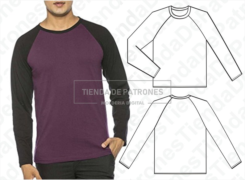 K&ouml;nnte beinhalten: Ein lang&auml;rmliges Shirt in Schwarz und Lila mit Raglan-&Auml;rmeln. Das Shirt hat einen Rundhalsausschnitt und einen wei&szlig;en Text&uuml;berlagerung mit der Aufschrift "TIENDA DE PATRONES MOLDERIA DIGITAL".