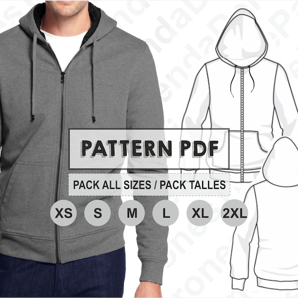 PATTERN Men's Hooded Sweatshirt Jacket, Sewing Pattern, Digital Print, PDF Pattern, Pack toutes les tailles XS à 2XL. Téléchargement immédiat