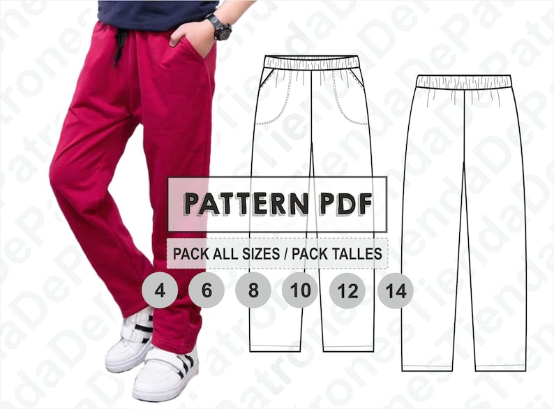 May include: A digital sewing pattern for pants in sizes 4 to 14. The pattern includes a line drawing of the pants and the text "PATTERN PDF PACK ALL SIZES / PACK TALLES".