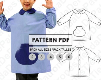 PATTERN Smock School Kids, Baby School Apron, Kindergarten, Sewing Pattern, Digital, Pattern PDF, Pack All Sizes 2 - 8, Instant Download