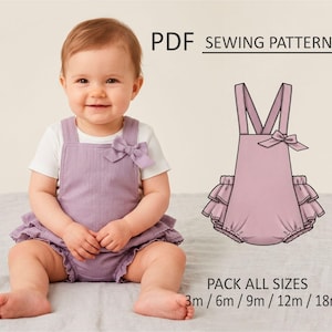 May include: A baby wearing a lavender romper with a bow detail, paired with a white t-shirt. The image also shows a line drawing of the romper. Text on the image reads "PDF SEWING PATTERN" and "PACK ALL SIZES 3m / 6m / 9m / 12m / 18m."