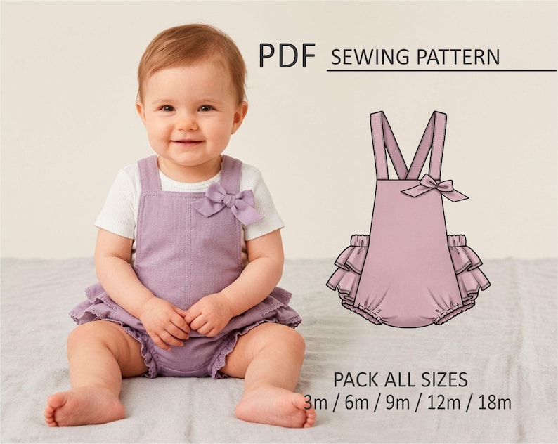 May include: A baby wearing a lavender romper with a bow detail, paired with a white t-shirt. The image also shows a line drawing of the romper. Text on the image reads "PDF SEWING PATTERN" and "PACK ALL SIZES 3m / 6m / 9m / 12m / 18m."